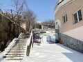 Vladivostok, Russia, February, 29,2020.Stairs from the lower station of the funicular to the upper station in winter in Vladivosto