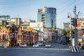 Vladivostok, Russia, 09/23/2017: Street with active traffic in a city with beautiful architecture