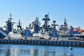 Vladivostok, Russia, January, 03, 2019. Warships moored in the waters near Karabbelnaya embankment in Vladivostok