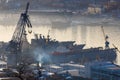 Vladivostok  Russia - winter  2016 - Dalzavod territory top view. The industrial territory of a ship repair plant in the center of Royalty Free Stock Photo