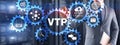 VLAN Trunking Protocol. Technology networks cocept. Blue Background