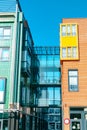 Vlissingen, the Netherlands - April 2015: Modern architecture. Glass pedestrian bridge connecting two buildings. Shopping center.