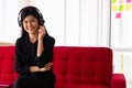 Vlog Asian woman blogger influencer sitting on the sofa in home and recording video blog for teaching and coach her Students or Royalty Free Stock Photo