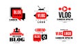 Vlog, blog logo design set. Video channel buttons for streaming, live broadcast vector illustration