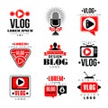 Vlog and blog original logo design set, video blogging or video channel badges vector Illustrations