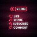 Vlog neon sign. Set of glowing neon icons for blogging.