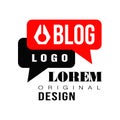 Vlog or video blog label with black and red speech bubbles. Original vector emblem for internet or online television