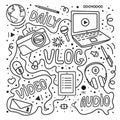 Vlog or video blogging or video channel set with handdrawn elements. Vector illustration made in doodle style, black and Royalty Free Stock Photo