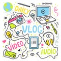 Vlog or video blogging or video channel set with handdrawn elements. Vector illustration made in doodle style, colourful Royalty Free Stock Photo