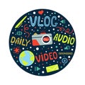 Vlog or video blogging or video channel set with handdrawn elements. Vector illustration made in doodle style, colourful Royalty Free Stock Photo