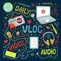 Vlog or video blogging or video channel set with handdrawn elements. Vector illustration made in doodle style, colourful Royalty Free Stock Photo