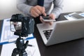 vlogger using laptop sharing her content making recording vide Royalty Free Stock Photo