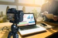 vlogger using laptop sharing her content making recording vide Royalty Free Stock Photo