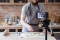 Vlog freelance man shooting video food blogger