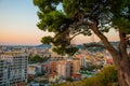 VLORA, ALBANIA: Cityscape seen from Kuzum Baba hill. Aerial city view, city panorama of Vlore at sunset. Royalty Free Stock Photo