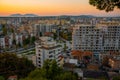 VLORA, ALBANIA: Cityscape seen from Kuzum Baba hill. Aerial city view, city panorama of Vlore at sunset. Royalty Free Stock Photo