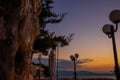 VLORA, ALBANIA: Cityscape seen from Kuzum Baba hill. Aerial city view, city panorama of Vlore at sunset. Royalty Free Stock Photo