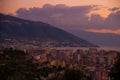 VLORA, ALBANIA: Cityscape seen from Kuzum Baba hill. Aerial city view, city panorama of Vlore at sunset. Royalty Free Stock Photo