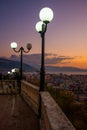 VLORA, ALBANIA: Cityscape seen from Kuzum Baba hill. Aerial city view, city panorama of Vlore at sunset. Royalty Free Stock Photo