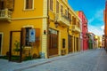 VLORA-VLORE, ALBANIA: Historical multi-colored buildings on the street in the city center. Royalty Free Stock Photo