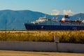 VLORA - VLORE, ALBANIA: A huge blue ship moored in the Albanian port of Vlora.