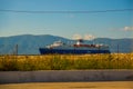 VLORA - VLORE, ALBANIA: A huge blue ship moored in the Albanian port of Vlora.