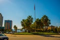 VLORA-VLORE, ALBANIA: Roundabout in the center of which is the flag of Albania in the city of Vlora