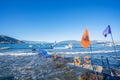 Vlore, Albania - June 27 2022: Touristic boats in Adriatic sea coast in the city of Vlore Vlora. Ships docked in the