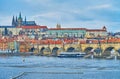 Vltava against the Charles Bridge and St Vitus Cathedral, Prague, Czechia Royalty Free Stock Photo