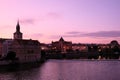 Vltava embankment at sunrise. Old Prague architecture at dusk