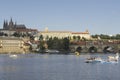 Vltava prague scene of touristic ancient buildings on sunny sunset with tourist sailing