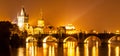 Vltava River and Charles Bridge with Old Town Bridge Tower by night, Prague, Czechia. UNESCO World Heritage Site Royalty Free Stock Photo