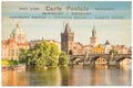 Vltava river and Charles bridge, Prague, Czech republic, collage on vintage postcard background, word postcard in several Royalty Free Stock Photo