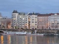 Vltava river, dancing house and Prague from the deck of a pleasure boat, Czech Republic.