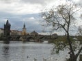 The Vltava River and the medieval Charles Bridge with towers and statues, Prague, Czech Republic. Royalty Free Stock Photo