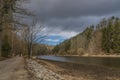 Vltava river in valley north from Hluboka town in cold winter spring day Royalty Free Stock Photo