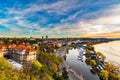 Vltava river and a yacht club from Prague's Vyshegrad fort at the blue hour