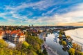 Vltava river and a yacht club from Prague's Vyshegrad fort at the blue hour