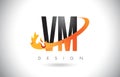 VM V M Letter Logo with Fire Flames Design and Orange Swoosh.