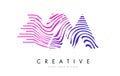 VM V M Zebra Lines Letter Logo Design with Magenta Colors