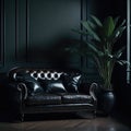 Vntage Kensington Leather Sofa in Luxury Living Room Interior, Soft Light From Window, Green Pot Plant, Wood Parquet Generative Ai Royalty Free Stock Photo