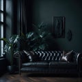 Vntage Kensington Leather Sofa in Luxury Living Room Interior, Soft Light From Window, Green Pot Plant, Wood Parquet Generative Ai