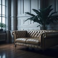 Vntage Kensington Leather Sofa in Luxury Living Room Interior, Soft Light From Window, Green Pot Plant, Wood Parquet Generative Ai Royalty Free Stock Photo