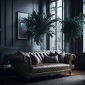 Vntage Kensington Leather Sofa in Luxury Living Room Interior, Soft Light From Window, Green Pot Plant, Wood Parquet Generative Ai Royalty Free Stock Photo