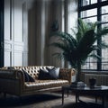 Vntage Kensington Leather Sofa in Luxury Living Room Interior, Soft Light From Window, Green Pot Plant, Wood Parquet Generative Ai