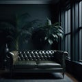 Vntage Kensington Leather Sofa in Luxury Living Room Interior, Soft Light From Window, Green Pot Plant, Wood Parquet Generative Ai