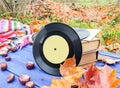 Vntage vinyl records on aged wooden background with bright handmade crocheted plaid, stackj of old books, chestnuts and fall