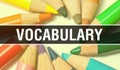 Vocabulary concept banner with texture from colorful items of education, science objects and 1 september School supplies. Royalty Free Stock Photo