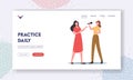 Vocal Lessons Landing Page Template. Female Characters Sing with Microphones, Training Voice or Singing Songs in Karaoke