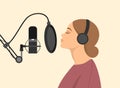 Vocalist girl in headphones singing into the microphone in the studio. Song recording process. Flst vector illustration